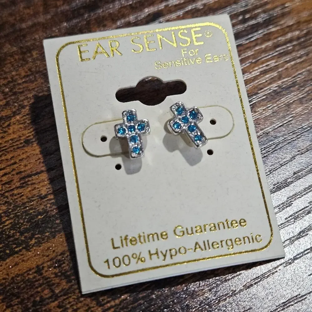 Ear Sense Sensitive Ears Blue Rhinestone Cross Stud Earrings NWT Deadstock